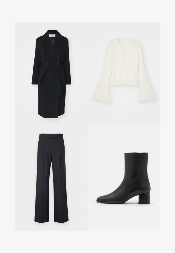 Palton negru din lână cu guler cu tăietură, nasturi dubli și cordon la talie. Are mâneci lungi și buzunare laterale. Formă structurată.; Tricou polo cu nervuri, de culoare crem, cu mâneci lungi și evazate, și clapetă cu cinci nasturi. Prezentă un guler cu o textură moale.; Pantaloni în dungi de culoare albastru închis, cu talie înaltă, design cu broek larghi și fără hardware sau embellishments vizibile. Textură netedă și croi adaptat.; Botine negre din piele, cu vârf ascuțit și toc pătrat masiv. Textură netedă, cu un design fără cusături și cusături minimaliste.