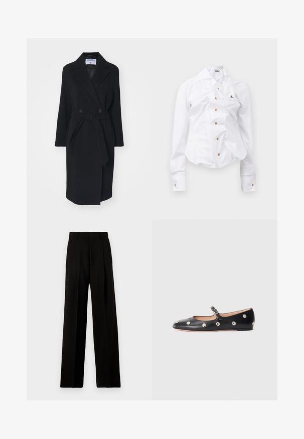 Sort uldfrakke med slagkrave, dobbeltradede knapper og bælte i taljen. Har lange ærmer og sidelommer. Har en struktureret form.; Hvid langærmet skjorte med en tætsiddende design. Har en stor krave, frontlukning med brune knapper og et lille broderet logo.; Sort vide bukser lavet af glat stof, med høj talje, pressefolder foran og et rent, skræddersyet design uden udsmykninger.; Sorte læder Mary Jane flad sko med en rund tå, udstyret med sølvfarvede runde nitter og en justerbar rem med spænde.