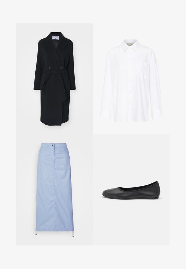 Černý vlněný kabát s klopovým límcem, dvouřadovým zapínáním a opaskem v pase. Má dlouhé rukávy a boční kapsy. Strukturovaný tvar.; Bílá košile s dlouhým rukávem a límečkem vyrobená z bavlny. Má knoflíkovou přední část a jedno kapsičku na prsou. Hladký povrch, volný střih.; Světle modrá sukně střední délky vyrobená z hladkého, lehkého materiálu se rovnými liniemi, má přední zapínání na knoflíky a spodní lem se stahovací šňůrkou.; Černé kožené baletní byty s kulatou špičkou, hladkou texturou, minimálními švy a flexibilním designem podrážky.