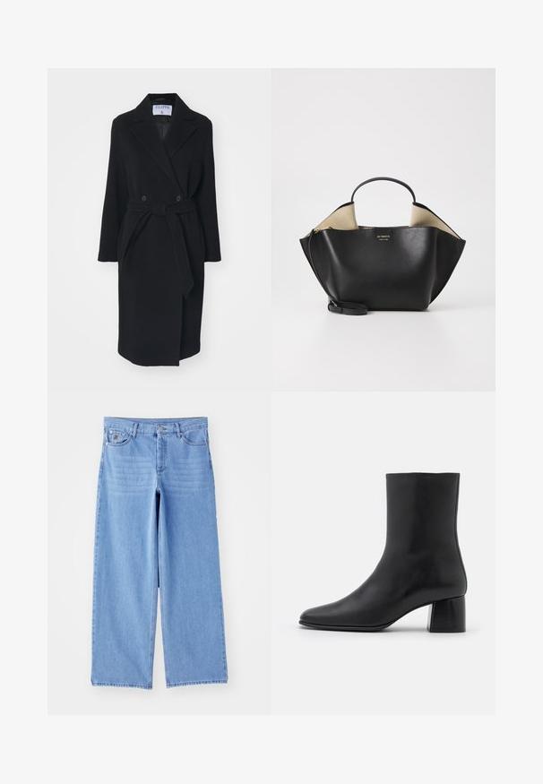 Zwarte wollen jas met een uitgesneden kraag, dubbele knopen en een tailleband. Bevat lange mouwen en zijzakken. Gestructureerde vorm.; Zwarte lange mouw top van zachte stof, met een ronde halslijn en een ontspannen pasvorm met zijsplitten aan de onderkant voor gemak in beweging.; Lichtblauwe wijde jeans van denim, met een klassieke vijf-pocketontwerp en een knoopsluiting. Soepele textuur, rafelige zoom.; Zwarte leren enkelboot met een spitse neus en een chunky vierkante hak. Glad oppervlak met een naadloos ontwerp en minimalistische stiksels.; Ree Projects ANN TOTE MINI - Handtas - black