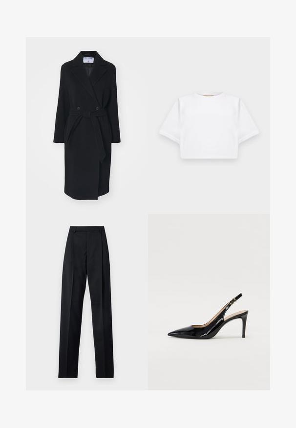 Juodas vilnonis paltas su iškirptu apykakle, dvigubais mygtukais ir diržu juosmeniui. Pasižymi ilgomis rankovėmis ir šoninėmis kišenėmis. Turi struktūrišką formą.; Trumpas baltas marškinėliai iš minkštos medžiagos, su trumpomis rankovėmis, apvaliu iškirpimu ir raukšlėtais hemų detalėmis. Paprastas ir be puošmenų dizainas.; Juodos kelnės iš lygaus audinio, pasižyminčios aukštu liemeniu, plačiomis kojomis, priekinėmis klostėmis ir klasikiais diržo kilpomis. Šoninių kišenių nematyti.; Juodas lakinės odos slingback batelis su smailiu nosiu, plonu kulnu ir subtiliu išpjovos dizainu. Yra auksinė sagtis ant dirželio.
