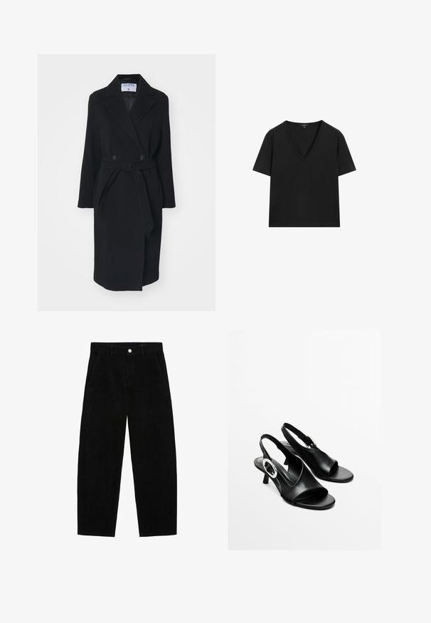 Schwarzer Wollmantel mit Reverskragen, doppelten Knöpfen und einem Taillengürtel. Mit langen Ärmeln und seitlichen Taschen. Strukturiert.; Schwarzes kurzärmeliges V-Ausschnitt-T-Shirt mit einem schlichten, taillierten Design auf einem weißen Hintergrund.; Schwarze Cordhosen mit weit geschnittenem Design, ausgestattet mit seitlichen Taschen und einem vorderen Knopfverschluss. Die Textur ist gerippt und bietet ein weiches Gefühl.; Schwarze Leder-Slingback-Sandalen mit offenem Zeh, niedrigem Absatz und silbernem, rundem Hardware-Accessor auf der Seite. Glatte Textur und schlichtes Design.