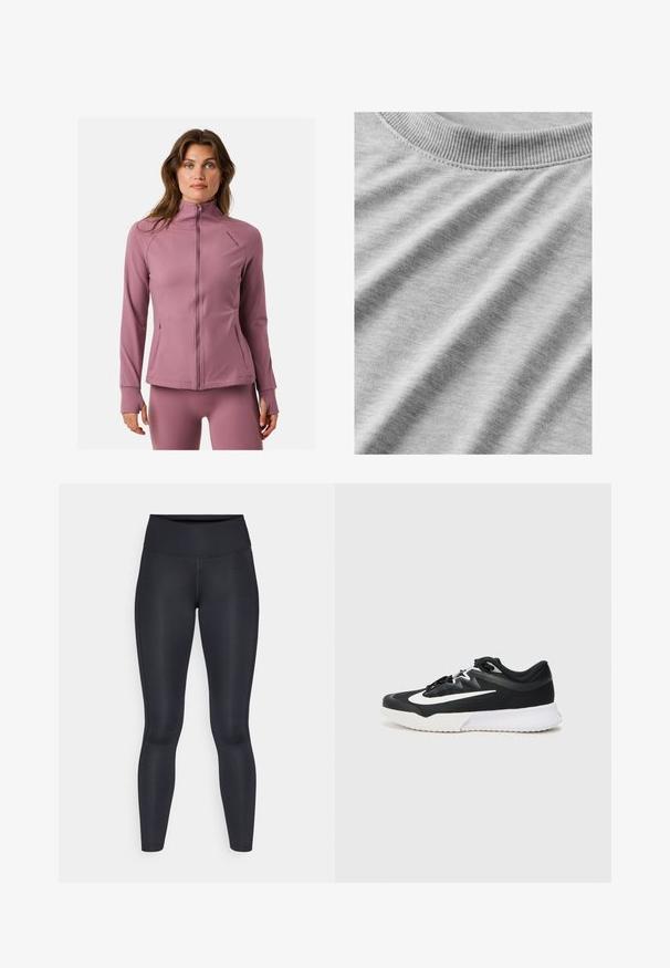 Langsleeve sportjack in zachte, pastelroze stof. Heeft een hoge kraag, een volledige rits en ritszakken. Gladde textuur.; Lichtgrijze stof met een gladde textuur, voorzien van een geribbelde ronde hals en subtiele kreukels, die de zachtheid en flexibiliteit benadrukken.; Zwarte leggings van glad, rekbaar stof. Hoge taille zonder zichtbare patronen of accenten. Sluiten nauw aan van taille tot enkels.; Zwarte sportieve schoen met witte accenten, met een gestructureerde bovenkant, ronde neus, platte veters en een dikke witte rubberen zool.