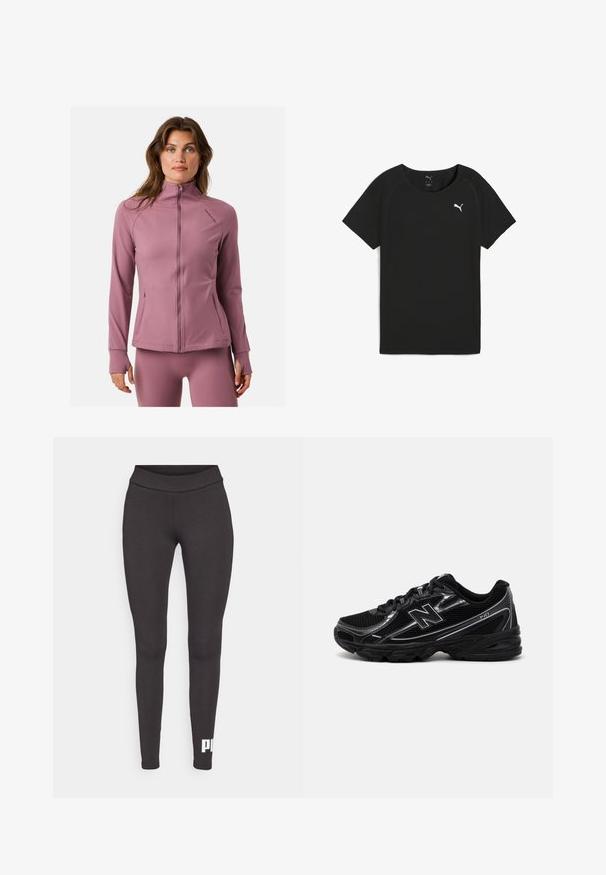 Long-sleeve athletic jacket in soft, pastel pink fabric. Features a high collar, full zipper, and zippered pockets. Smooth texture.; Black short-sleeve T-shirt made from lightweight fabric, featuring a round neckline and a white Puma logo on the chest.; Black leggings made of stretchable fabric, featuring a high waistband and a white logo printed on the lower left leg. Smooth texture.; Black athletic shoe with mesh upper, silver accents, cushioned sole, and lace-up closure. Features rounded toe and textured tread.