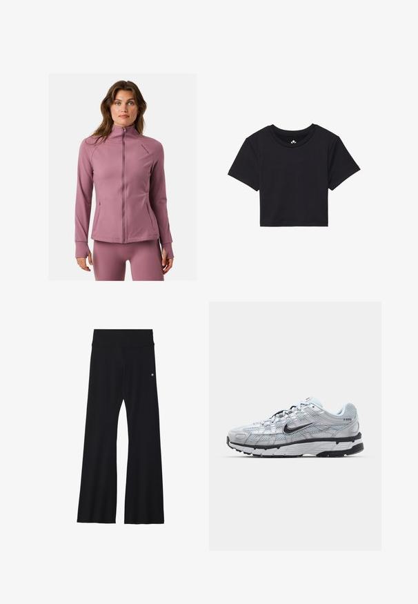 Langärmlige Sportjacke aus weichem, pastellrosa Stoff. Mit hohem Kragen, durchgehendem Reißverschluss und Reißverschlusstaschen. Glatte Textur.; Schwarzes, kurzes T-Shirt mit kurzen Ärmeln, rundem Ausschnitt, aus glattem Stoff. Minimalistisches Design ohne sichtbare Muster oder Akzente.; Schwarze, ausgestellte Yogahosen aus elastischem Material, mit einem breiten Bund und einem kleinen Logo nahe der Hüfte. Glatte Textur, keine Muster.; Nike P-6000 Sneakers mit einem Obermaterial aus leichtem grauem Mesh, schwarzen Akzenten und einer langlebigen schwarzen Gummisohle. Verfügt über ein komplexes Design und ein Schnürsystem.