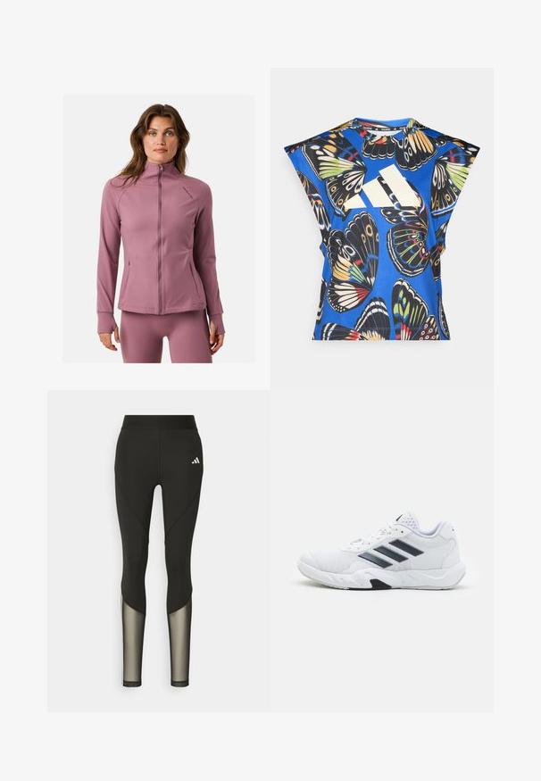 Langærmet træningsjakke i blød, pastelrosa stof. Har høj krave, fuld lynlås og lynlåslommer. Glat tekstur.; Blå kortærmet skjorte med et livligt sommerfuglemønster i forskellige farver, med et stort hvidt logo på forsiden og en rund halsudskæring.; Sorte atletiske leggings med høj talje, der har mesh-detaljer nederst på benene og et broderet logo på hoften.; Hvid atletisk sko med mesh-overdel, tre sorte striber på siden, strukturerede accenter og en robust gummisål med et kontrasterende sort område.