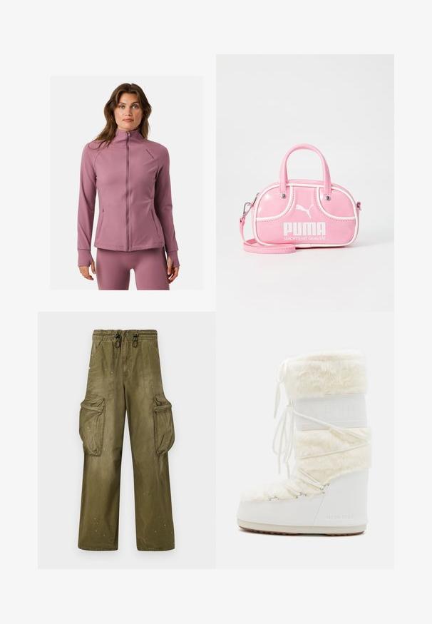 Długo-sleeve sportowa kurtka w miękkim, pastelowym różowym materiale. Posiada wysoki kołnierz, pełny zamek i zapinane na zamek kieszenie. Gładka tekstura.; Różowa koszulka w panterkę z krótkimi rękawami, z okrągłym dekoltem i kontrastującymi różowymi mankietami, wykonana z miękkiego, elastycznego materiału.; Zielone spodnie cargo o luźnym kroju, elastycznym pasku, sznurku, dwóch bocznych kieszeniach i dwóch dużych kieszeniach cargo. Lekko przetarte.; Białe Moon Boot z futrzanym wierzchem, sznurowanym przodem i gumową podeszwą. Teksturowane wykończenie i wytłoczone logo z boku. Masywna, wyściełana konstrukcja.; Różowa sztuczna torba o zaokrąglonym kształcie, z podwójnymi uchwytami, odczepianym paskiem, białymi akcentami oraz wyraźnym białym logo z przodu.