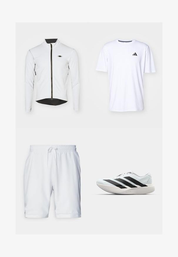 Fehér hosszú ujjú kerékpáros dzseki magas gallérral, fekete cipzárral és hálós kiegészítőkkel az alján. A mellkason egy kis logó található.; Fehér, rövid ujjú póló sima tapintású anyagból. Az elülső részen fekete adidas logó található a bal mellrészen, valamint mintás gallér jellemzi.; Fehér sportnadrág elasztikus derékkal és állítható zsinórral. Simaszerű anyag finom textúrával, oldalirányú zsebekkel.; Világoskék, fekete csíkos könnyű futószerek. Simább felső résszel, kerek orral és vastag fehér középtalppal, amelyen a "LIGHTSTRIKE PRO" felirat olvasható.