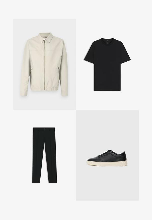 Lys grå bomberjakke med lynlås foran, spids krave, to sidelommer og elastiske manchetter. Glat stof med et enkelt, minimalistisk design.; Sort kortærmet T-shirt lavet af en glat bomuldsblanding, med en rund halsudskæring og et minimalistisk design uden mønstre eller accenter.; Sorte dressbukser med lige ben-design, lavet af glat stof. Har en frontlukning med knap og bæltestropper. Enkle uden mønstre.; Sort lavt top lædersneaker med sorte snørebånd og off-white sål vist i sideprofil på hvid baggrund.