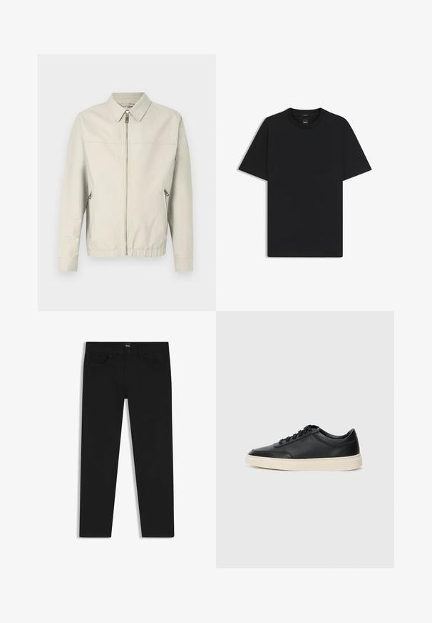 Lys grå bomberjakke med lynlås foran, spids krave, to sidelommer og elastiske manchetter. Glat stof med et enkelt, minimalistisk design.; Sort kortærmet T-shirt lavet af en glat bomuldsblanding, med en rund halsudskæring og et minimalistisk design uden mønstre eller accenter.; Sorte denimbukser med lige pasform, der har en standard talje, fem lommer og en knaplukning. Glat struktur over det hele.; Sort lavt top lædersneaker med sorte snørebånd og off-white sål vist i sideprofil på hvid baggrund.