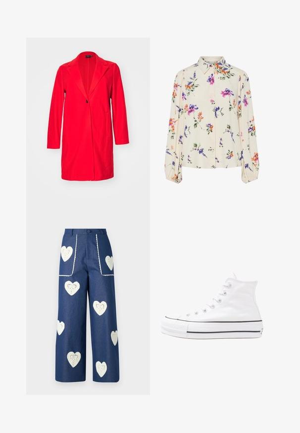 Rode lange blazerjas met een reverskraag, enkele knoopsluiting en twee voorkruiszakken. Gemaakt van een gladde stof met een getailleerde pasvorm.; Bloes met bloemenprint en lange pofmouwen, lichte crème basis, met paarse, oranje en groene bloemmotieven, en een klassiek kraagontwerp.; Sister Jane HEART TO HEART - Straight leg jeans - blue denim; Witte high-top canvas sneakers met een zwarte rubberen zool, een rubberen neuskap aan de voorkant en zes gaatjes voor veters, met een schone, minimalistische uitstraling.