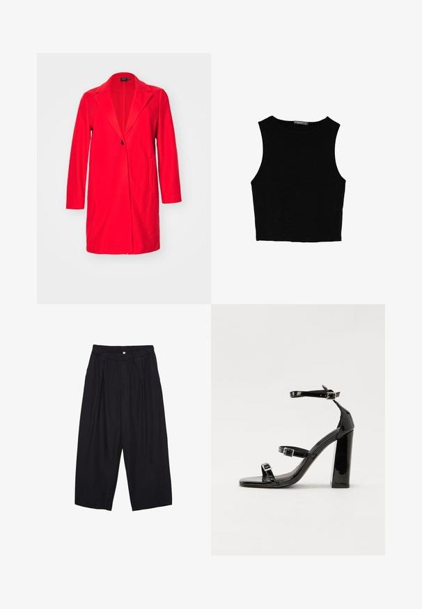 Rød lang blazerjakke med slagkrave, enkelt knaplukning og to frontlommer. Fremstillet af et glat stof med en skræddersyet pasform.; Sort ærmeløs crop top lavet af glat stof, med rund hals og et rent, enkelt design uden mønstre eller hardware.; Sorte polyester culotte bukser med elastisk talje, to forpiber og en løs silhuet. Ingen synlige mønstre eller hardware detaljer.; Sorte patenterede hælsandaler med firkantet tå, ankelremme og sølvspænder. Har en chunky blokHæl for stabilitet.