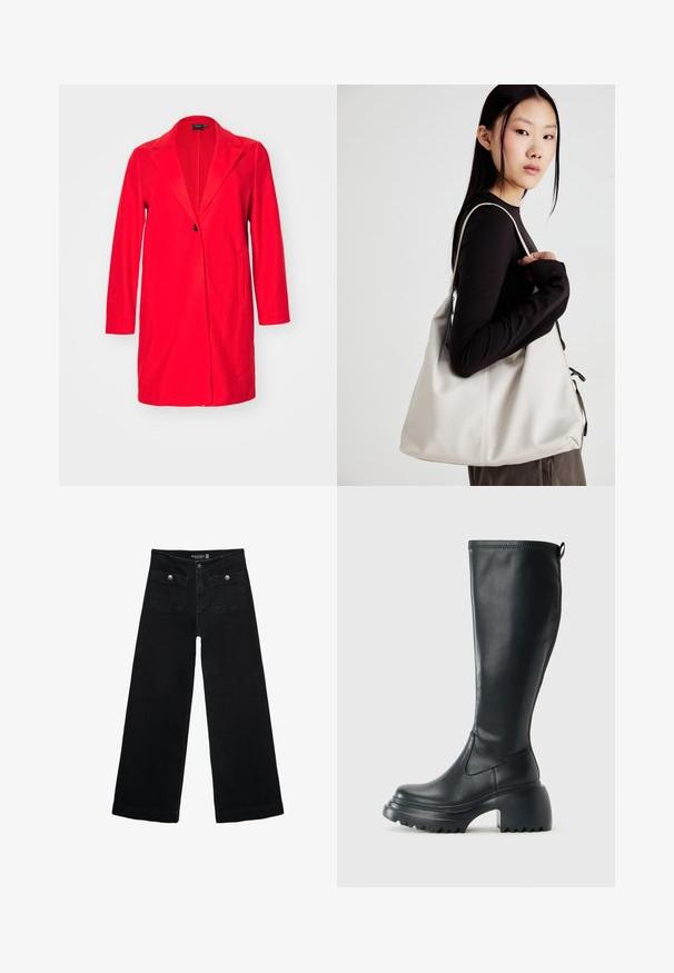 Roter langer Blazer-Mantel mit Reverskragen, ein Knopfverschluss und zwei vorderen Taschen. Hergestellt aus einem glatten Stoff mit taillierter Passform.; Schwarzer und weißer Langarm-Body mit rundem Ausschnitt. Hergestellt aus weichem, elastischem Stoff, mit einem Tanga-artigen Schnitt und eng anliegenden Ärmeln.; Schwarze, weit geschnittene Jeans mit hoher Taille, die zwei Fronttaschen und metallene Knopfakzente aufweist. Der Stoff hat eine glatte Textur.; Hoher schwarzer Lederstiefel mit einer robusten Plateausohle und Blockabsatz, der über eine Zuglasche und ein strukturiertes Profil an der Außensohle verfügt.; Beige Handtasche aus weichem Material, mit einem lässigen Design, gesteppten Details und zwei Schulterriemen. Geeignet für den täglichen Gebrauch.
