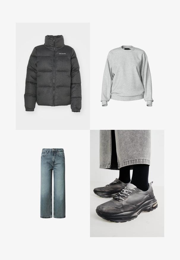 Chaqueta acolchada en gris oscuro con un cuello alto, secciones acolchadas, cremallera frontal y detalle de logo en la parte superior izquierda. Textura suave.; Sudadera gris claro con un escote redondo, mangas largas, puños acanalados y un ajuste relajado. Está hecha de una tela suave con un detalle mínimo.; Jeans de pierna ancha de cintura alta en denim azul claro, con bolsillos delanteros, cierre de botón y un ligero desgaste en toda la prenda.; Las zapatillas deportivas en negro y gris cuentan con una parte superior de malla, suelas gruesas y cordones. Tienen una punta redondeada y un detalle de amortiguación visible.