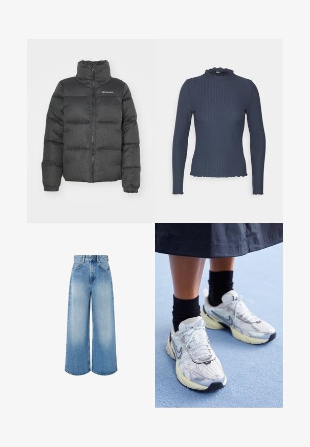 Tumehall puffer-jakk, millel on kõrge krae, polsterdatud osad, ees lukuga ja logo detail vasakul ülanurgas. Pehme tekstuur.; Tumesinine pikakäisteline topp ribikangast. Omab kõrget kaelust lainelise servaga ja kitsast lõiget.; Heledad hall sinine jeanid, millel on kõrge vöökoht, nööpkinne, kerge kulumine ja puhtad äärised.; Valged ja hõbedased Nike tennisajalatsid, millel on võrgukangas, peegeldavad detailid ja beež tald. Kantud mustade sokkidega, seisab sinisel pinnal.