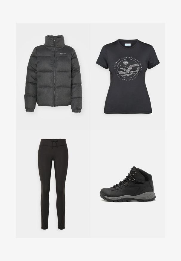 Tūbaku jaka tumši pelēkā krāsā ar augstu apkakli, polsterētām daļām, priekšējām rāvējslēdzēja aizdari un logotipa detaļu augšējā kreisajā pusē. Mīksta tekstūra.; Melnā Columbia T-kreklā ar baltu apļa kalnu un upes kontūru mākslu, kā arī tekstu "Columbia Sportswear Company Outside Since 1938."; Melnas legingi ar augstu jostasvietu, pievilkšanas auklu, gludu tekstūru un pieguļošu dizainu. Iekļautas šuvju detaļas gar sāniem.; Melni pārgājienu zābaki ar vidēju augstumu, ar teksturētu augšdaļu, pelēkiem akcentiem un izturīgu gumijas zoli ar saķeres izvirzījumiem.