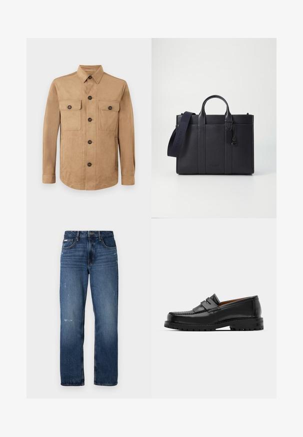 Hnědá bunda vyrobená z měkké tkaniny, s zapínáním na knoflíky, dvěma kapsami s klopou a knoflíky, a dlouhými rukávy s knoflíkovými manžetami.; Šedý svetr s kruhovým výstřihem vyrobený z měkké pleteniny. Má dlouhé rukávy, ribované manžety a spodní lem a malou značkovou visačku na boku.; Modré džíny z denimu se střihem rovného nohavice. Mají vybledlé oblasti a drobné opotřebení na přední straně, s klasickým zapínáním na knoflík.; Černé kožené mokasíny mají zvýšený šev, dvě dekorativní pásky na svršku a silnou strukturovanou podrážku pro lepší přilnavost.; Tmavě námořnická kožená aktovka s dvojitými horními rukojeťmi a odnímatelným popruhem. Má texturovaný povrch, vertikální švy a detail s logem.