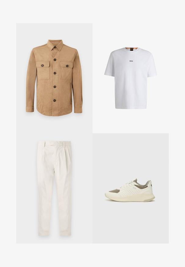 Tan jacket made of soft fabric, featuring a button-up front, two flap pockets with buttons, and long sleeves with buttoned cuffs.; White cotton T-shirt with short sleeves, featuring a black "BOSS" logo centered on the chest and a round neck design.; White, pleated trousers with a tailored fit, featuring a smooth texture, belt loops, and tapered legs. No visible pockets or patterns.; White and light beige athletic sneaker, featuring a mesh upper, perforated detailing, and a textured midsole with branding on the heel.