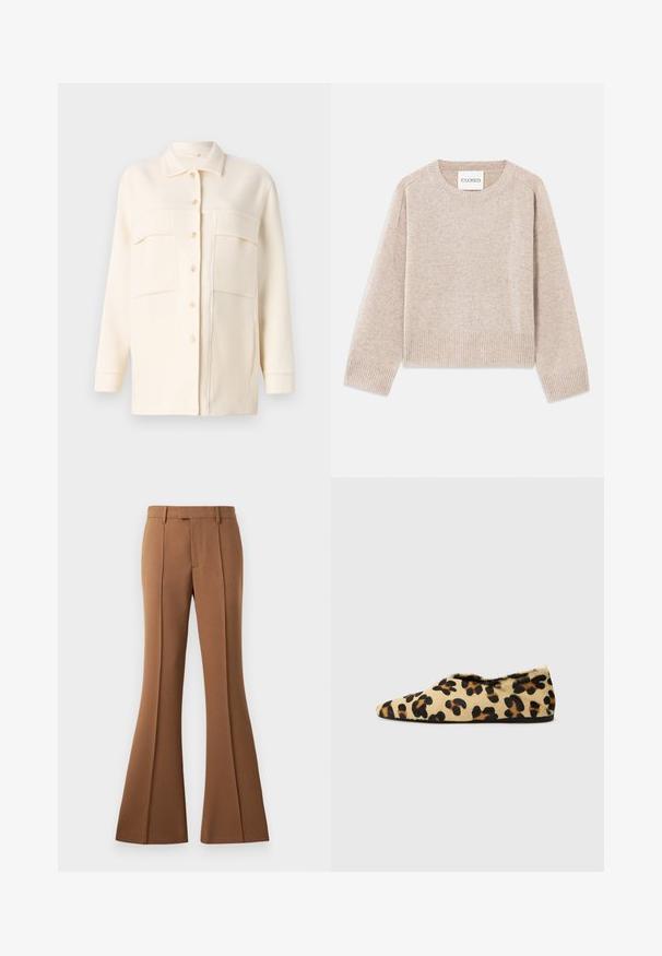 Veste chemise couleur crème en tissu doux, avec un col, une fermeture à boutons et deux poches poitrine. Manches longues avec poignets.; Pull en maille beige avec un col rond et des poignets côtelés. Présente une coupe décontractée et une texture subtile, étiqueté "CLOSED" sur l'étiquette.; Pantalons évasés marron en tissu lisse, avec une taille haute, des plis pressés et une poche avant pour un détail supplémentaire.; Chaussures plates en imprimé léopard en fausse fourrure douce, avec un design à bout pointu et un profil bas. Teintes naturelles avec des accents noirs.