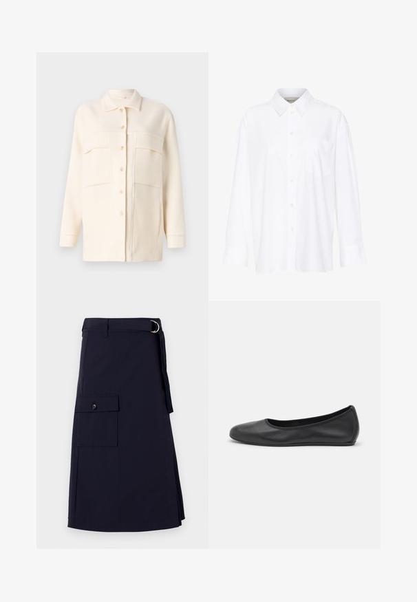Kremo spalvos marškinėlių švarkas, pagamintas iš minkštos medžiagos, su apykakle, mygtukų užsegimu ir dviem krūtinės kišenėmis. Ilgos rankovės su manuokėmis.; Balta ilgomis rankovėmis marškiniai su apykakle, pagaminti iš medvilnės. Su mygtukų užsegimu priekyje ir viena krūtinės kišenė. Lygus paviršius, laisvas siluetas.; Tamsiai mėlyna sijonas su struktūrizuotu dizainu, turintis šoninę cargo kišenę ir metalinę D-žiedą kaip akcentą. Pagamintas iš tvirto audinio.; Juodai odiniai baletai su apvaliu pirštu, lygi texture, minimalus siuvimo detales ir lanksčiu padų dizainu.