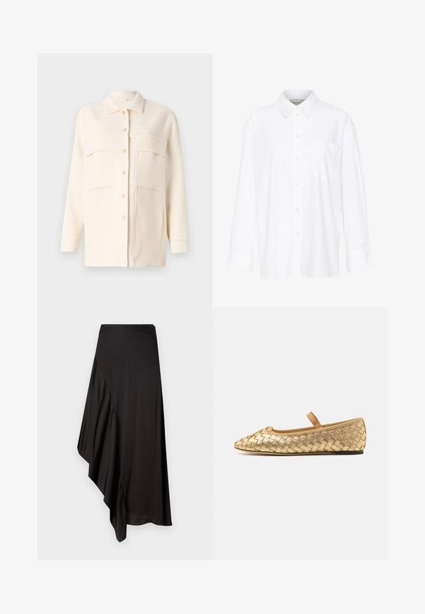 Cremefarvet skjortejakke lavet af blødt stof, med krave, knaplukning foran og to brystlommer. Lange ærmer med manchetter.; Hvid langærmet skjorte med krave lavet af bomuld. Har en knaplukning fortil og en enkelt brystlomme. Glat tekstur, afslappet pasform.; AERON ASTER SKIRT - Pencil skirt - black; Loeffler Randall LEONIE SOFT BALLET FLAT - Ballerinasko m/ rem - gold