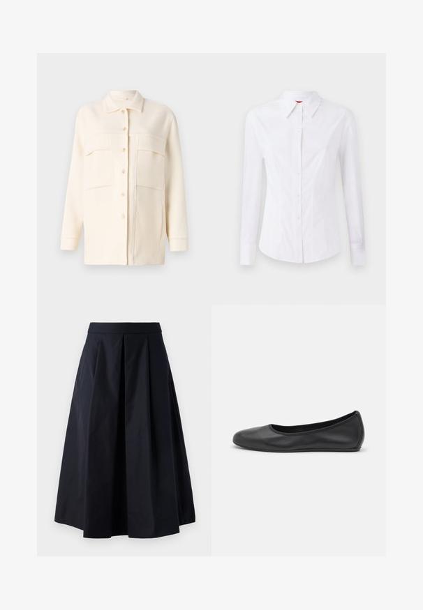 Cremefarvet skjortejakke lavet af blødt stof, med krave, knaplukning foran og to brystlommer. Lange ærmer med manchetter.; Hvid langærmet skjorte med spids krave, frontlukning med knapper og tætsiddende design. Glat bomuldsstof med subtile syninger.; Sort A-linje nederdel lavet af glat stof, med plisséer og en bred talje. Nederdelen falder lige over anklen.; Sort læderballetsko med rund tå, glat tekstur, minimal syning og et fleksibelt såldesign.