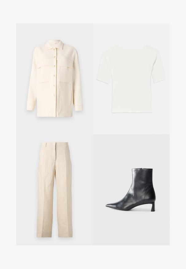 Cream-colored shirt jacket made of soft fabric, featuring a collared neck, button front, and two chest pockets. Long sleeves with cuffs.; White ribbed short-sleeve top with a wide neckline. The texture features vertical stripes, emphasizing a snug fit and simple design.; Beige linen trousers with a loose fit, pleated front, and straight legs. Features a waistband with belt loops and no visible pockets.; Black leather ankle boot with a pointed toe and a sleek design. Features a low heel and a zipper closure at the back. Smooth texture.