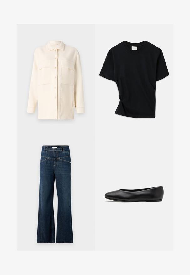 Srajca-jakna v kremni barvi, izdelana iz mehke tkanine, z ovratnikom, z gumbi spredaj in dvema prsoma žepoma. Dolgi rokavi s manšetami.; Črno majico iz mehkega bombaža odlikuje okrogla izreza, kratki rokavi in nekoliko zvit dizajn za sproščen fit.; Široke hlače iz temnorjavega denima, z visokim pasom, dvema sprednjima žepoma in kontrastnimi šivi.; Paul Smith TOPANGA - Balerinke - black
