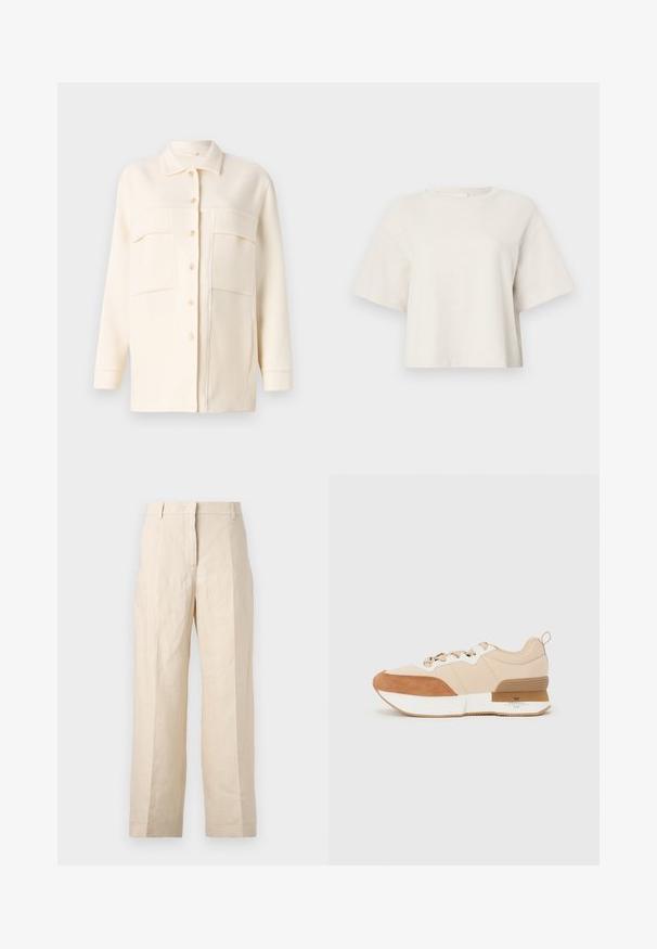 Cremefarvet skjortejakke lavet af blødt stof, med krave, knaplukning foran og to brystlommer. Lange ærmer med manchetter.; Karamelfarvet cropped t-shirt lavet af ribbet stof, med rund halsudskæring og korte ærmer i en afslappet pasform.; Beige linnedragt med løs pasform, plisseret front og lige ben. Har en talje med bæltestropper og ingen synlige lommer.; Sneaker med en beige stofoverdel og brune ruskindsdetaljer, en hvid mellemsål og en gummiydersål med brandingdetaljer.