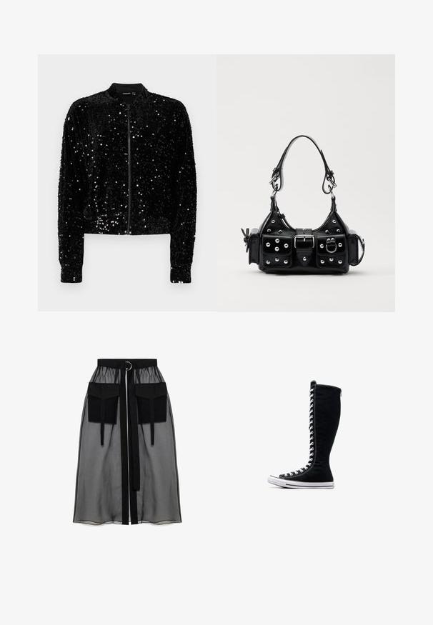 Pieces PCKAM - Bomber tipa jaka - black; Melnā garām piedurknēm kroplika blūze ar augstu kakla izgriezumu, caurspīdīgu sieta paneli jostasvietā un strukturētām šuvēm pieguļošam dizainam.; Melnā caurspīdīgā svārka ar salikto jostasvietu, kas ietver divas lielas priekšējās kabatas, jostas saitīti un apaļu metāla akcentu.; Melni augstie sporta apavi ar augstu dizainu, izgatavoti no kanvas. Iezīmēti ar baltiem auklām, diegojumiem un gumijas zoli ar purngalu.; Melnas ādas rokturmais ar izliekumu, ar sudraba iedurtiem, sprādzi un divām sānu kabatām. Regulējams siksniņas garums dažādām nēsāšanas iespējām.