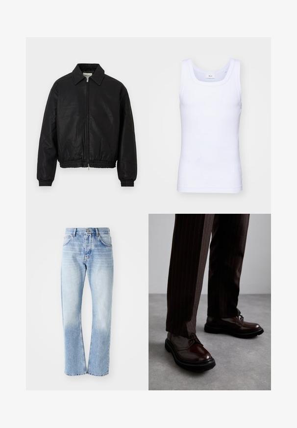 Zwarte leren bomberjack met een frontale rits, spitse kraag, elastische manchetten en elastische taille, weergegeven op een witte achtergrond.; Witte katoenen mouwloze tanktop met een ronde halslijn, met een gladde textuur en een aansluitende pasvorm, ontworpen voor casual gebruik.; Lichtblauwe denim jeans met een rechte pijp. Voorzien van een vijf-pocket ontwerp, knoopsluiting en een vervaagde textuur naar de onderkant.; Bruine leren veterschoenen met een glanzende afwerking, zwarte rubberen zool en subtiele stiksels. Draag ze met bruin gestreepte broek.