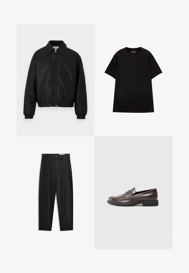 Fekete bőr bomber dzseki elülső cipzárral, hegyes gallérral, rugalmas mandzsettákkal és rugalmas derékkal, fehér háttér előtt kiállítva.; PULL&BEAR JOIN LIFE - Basic póló - black; Fekete pamut nadrág laza szabással, klasszikus derékrésszel, elülső hajtásokkal és oldalsó zsebekkel. Simább textúra minta nélkül.; Barna bőr loaferek sima felülettel, finoman varrott részletekkel a felső részen és fekete gumitalppal.