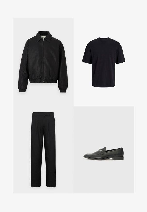 Black leather bomber jacket with a front zipper, pointed collar, elastic cuffs, and elastic waistband displayed on a white background.; Black cotton t-shirt with a crew neckline, short sleeves, and a relaxed fit. Smooth texture and no visible patterns or accents.; Black trousers made of smooth fabric, featuring a straight-leg design, two front pleats, and standard waistband with belt loops.; Black leather loafer with a smooth finish, featuring a stitched design and a decorative metal chain accent across the vamp. Flat heel.