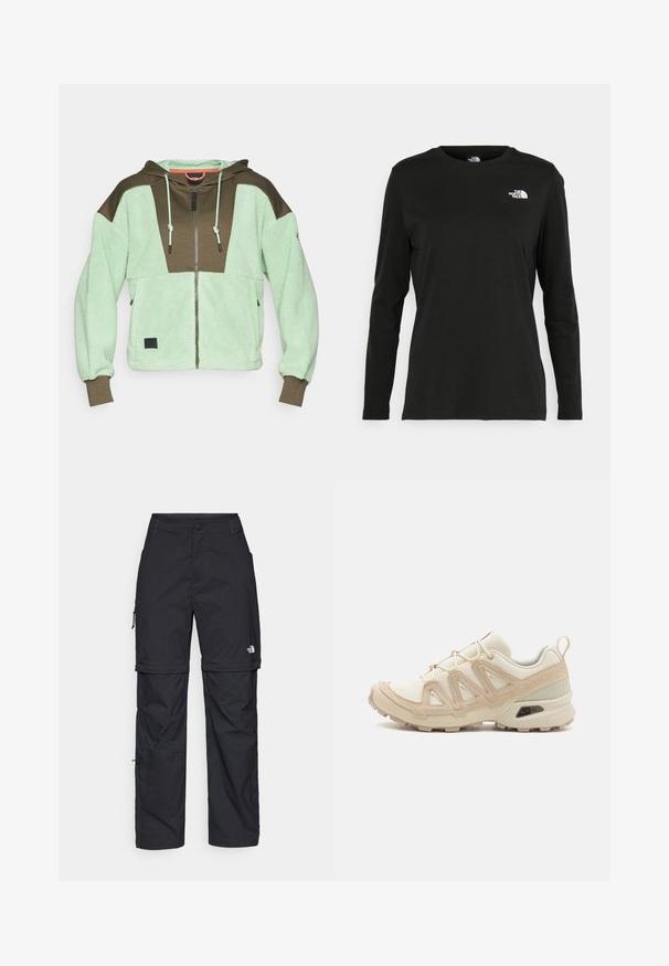 Fliisist valmistatud kapuutsiga jack, millel on helesinised ja tumepruunid paneelid, lõhekaeluse ja tekstuuriga viimistlus. Must logopatch hemline'il.; Must mustahiheline T-särk, millel on pikad varrukad, valmistatud puuvillast ja ümarast kaelusest. Vasakul rinnal on väike valge logo. Lihtne disain ja sobivus.; Mustad nailonist valmistatud eemaldatavad cargo-püksid, reguleeritavate pahkluudega, mitmete taskutega ja paremal jalal logoga. Sile, kerge tekstuur.; Beež ja koobalti spordijalats tekstureeritud võrkkattega, toetavad ülemised kihid ja kummist tallaga, millel on mustriga joonistus haardeks.