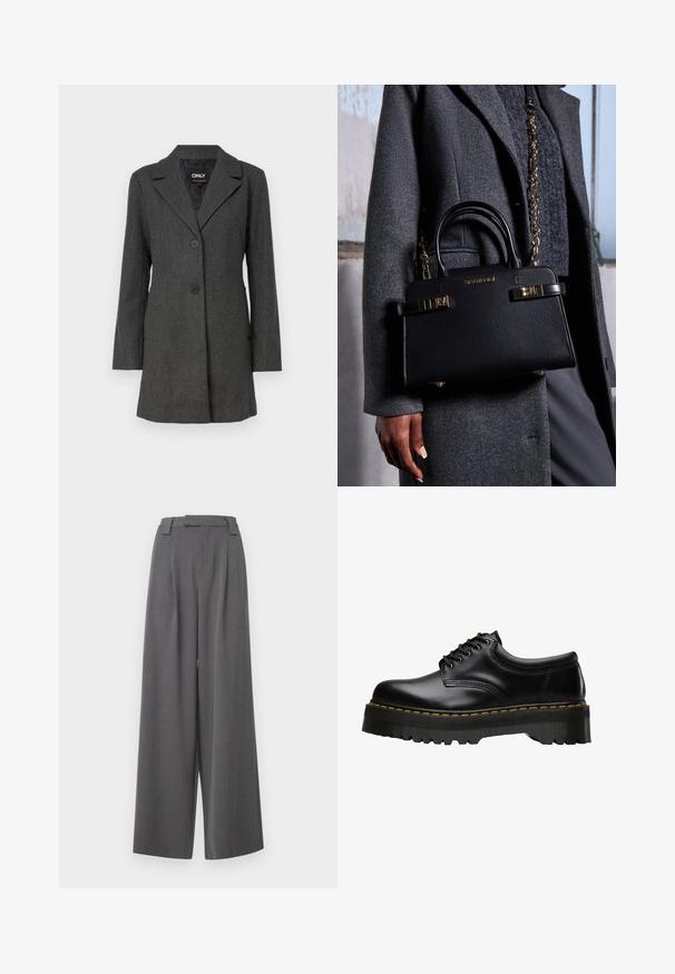 Šedý dlouhý kabát s límečkem, dvěma předními knoflíky a bočními kapsami. Vyrobený z texturovaného materiálu s přizpůsobeným střihem.; Střižený, tmavě šedý svetr s vysokým límcem a dlouhými rukávy. Vyrobený z texturované pleteniny s jemným vzorem po celém povrchu.; ONLY Tall ONLSVEA PANT - Kalhoty - dark grey; Černé kožené šněrovací boty s tlustou, zoubkovanou černou gumovou podrážkou a žlutým prošíváním podél okraje, s hladkým povrchem.; Steve Madden BLINDEN - Kabelka - black