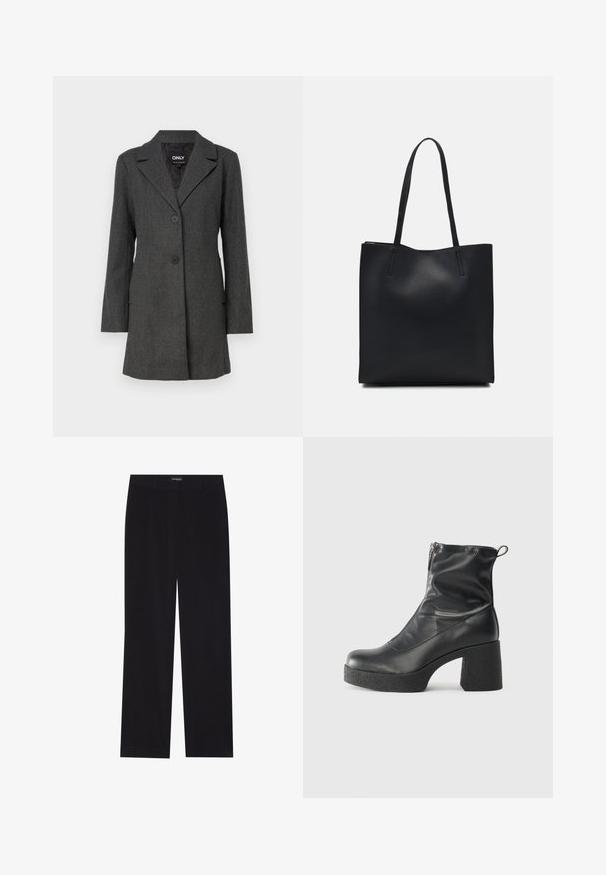 Grå, langærmet frakke med krave, to frontknapper og sidelommer. Lavet af tekstureret materiale med en skræddersyet pasform.; Sort ribbet langærmet tætsiddende sweater med rund halsudskæring, præsenteret på en ensfarvet lys baggrund.; Sorte fløjl bukser med lige snit, der har en flad talje og ingen synlige lommer, glat tekstur og lodrette ribbede detaljer.; Sorte ankelstøvler lavet af glat læder, med en sidelukning, kraftig struktureret hæl og rundt tådesign.; Sort læder tote taske med glat tekstur, rektangulær form og to lange hanke. Ingen synlig hardware eller udsmykninger.