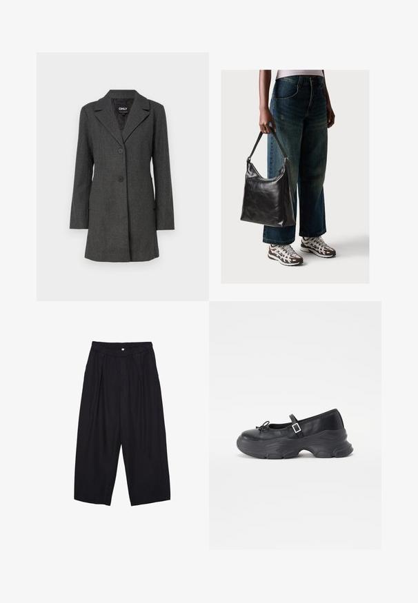 Grau, langärmeliger Mantel mit einem Kragen, zwei vorderen Knöpfen und seitlichen Taschen. Hergestellt aus strukturiertem Material mit taillierter Passform.; Schwarzes Baumwoll-T-Shirt mit lässiger Passform, kurzen Ärmeln, runder Ausschnitt und glatter Textur. Keine sichtbaren Muster oder Akzente.; Schwarze Polyester-Culotte mit einem elastischen Bund, zwei vorderen Falten und einer lockeren Silhouette. Keine sichtbaren Muster oder Hardware-Details.; Schwarze Leder-Mary-Jane-Schuhe mit einer abgerundeten Zehenpartie, Schleifendetail und verstellbarem Knöchelriemen. Mit einer stabilen Gummisohle mit geschwungenen Akzenten.; Schwarze Leder-Schultertasche mit glatter Textur und verstellbarem Riemen, kombiniert mit ausgewaschenen weit geschnittenen Jeans und sportlichen Sneakern.