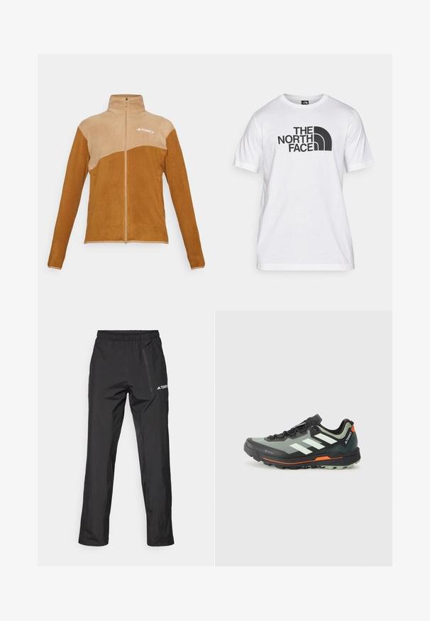Brown fleece jacket with a beige upper panel, high collar, full-length zipper, and Terrex logo. Features two side pockets. Soft texture.; White cotton t-shirt featuring a black graphic print with text and a curved logo design. Round neckline and short sleeves. Plain texture.; Black waterproof trousers made of lightweight fabric, featuring an elastic waistband and side zipper pocket. Simple, tailored design.; Lightweight trail running shoe with a gray and black mesh upper, orange accents, and a rugged outsole for traction. Waterproof Gore-Tex lining.