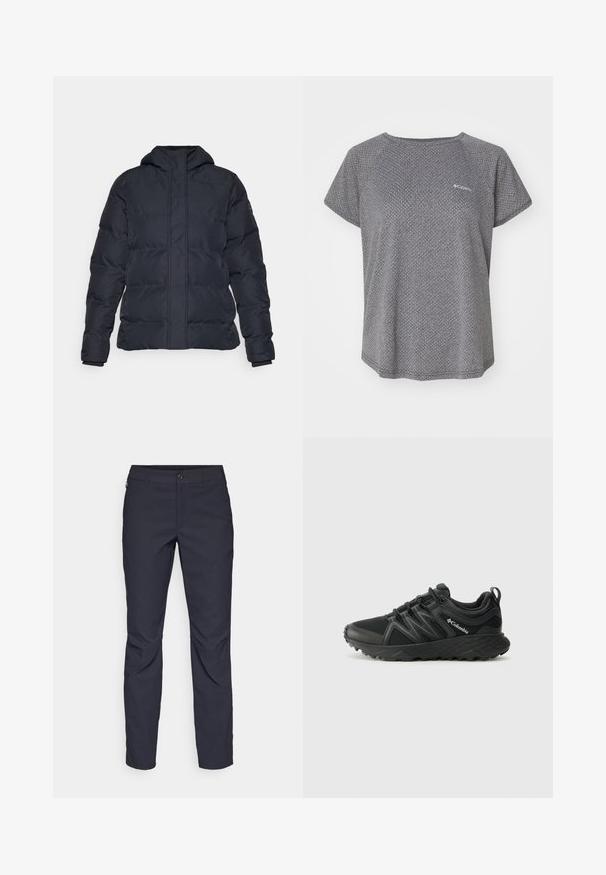 Musta puffatakki hupulla, jossa on tikkikuvio, etuvetoketju ja ribbetut hihansuut, valmistettu sileästä, vettä hylkivästä kankaasta.; Harmaa lyhythihainen paita, jossa on hillitty tekstuuri, pyöreä pääntie ja Columbia-logo rinnassa. Pehmeä kangas, rento istuvuus.; Tummansiniset housut, jotka on valmistettu sileästä kankaasta. Niissä on edessä nappikiinnitys, slim fit -malleista, ja polvissa on taitteet.; Columbia PEAKFREAK - Vaelluskengät - black