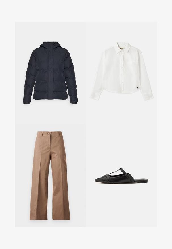 Casaco puffer preto com capuz, apresentando um design acolchoado, fecho frontal com zipper e punhos canelados, feito de um tecido liso e resistente à água.; Camisa branca de manga longa cropped em algodão. Apresenta fecho com botões na frente, um bolso no peito e um pequeno logotipo preto no canto inferior esquerdo.; Calças largas castanhas feitas de um tecido suave, com fecho frontal por botão, dois bolsos frontais e linhas limpas e ajustadas.; Sapatilha slingback em couro preto com bico pontudo, apresentando um detalhe trançado e um design superior plissado. Sola plana com hardware mínimo.