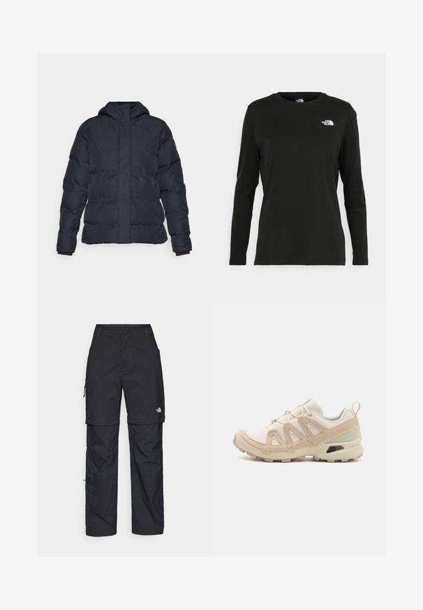 Sort pufferjakke med hætte, der har et quiltet design, frontlynlås og ribbede manchetter, lavet af et glat, vandafvisende stof.; Sort langærmet t-shirt lavet af bomuld med rund hals. Har et lille hvidt logo på venstre brystområde. Enkel design og pasform.; Sorte nylon cargo bukser med lynlås, justerbare manchetter, flere lommer og et logo på højre ben. Glat, let tekstur.; Beige og creme atletiksko med struktureret mesh-overdel, støttende overlays og gummiyderside med et mønster for trækkraft.