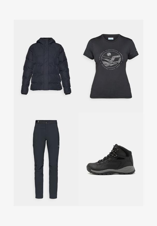 Sort pufferjakke med hætte, der har et quiltet design, frontlynlås og ribbede manchetter, lavet af et glat, vandafvisende stof.; Sort Columbia t-shirt med hvid cirkulær bjerg- og flodlinjekunst samt teksten "Columbia Sportswear Company Udenfor Siden 1938."; Herrers udendørsbukser, mørkegrå, lavet af fleksibelt materiale, med bælte, lynlåslommer og forstærkede syninger.; Sort vandrestøvle med en mellem-højde design, der har en tekstureret overdel, grå detaljer og en holdbar gummisål med skridsikre klodser.