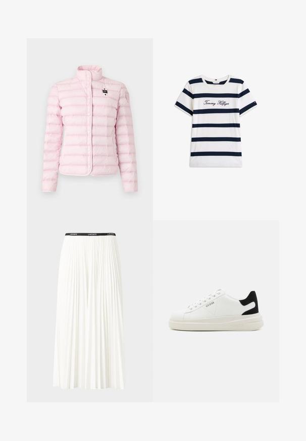 Helle rosa gepolsterte Jacke mit vertikalem Steppmuster, hohem Kragen, Druckknöpfen, Seitentaschen und einem Logopatch am Ärmel.; Baumwoll-T-Shirt mit horizontalen navy-blauen Streifen auf weißem Hintergrund. "Tommy Hilfiger" in Kursivschrift auf der Brust gestickt. Runder Halsausschnitt.; Faltenrock aus Weiß mit einem schwarzen elastischen Bund, der das "LACOSTE"-Logo trägt. Mittellanges Design mit weicher Textur.; Weiße Leder-Sneaker mit einer dicken weißen Sohle, schwarzem Wildlederakzent an der Ferse und geprägtem Logo an der Seite. Schnürdesign mit sechs Ösen.
