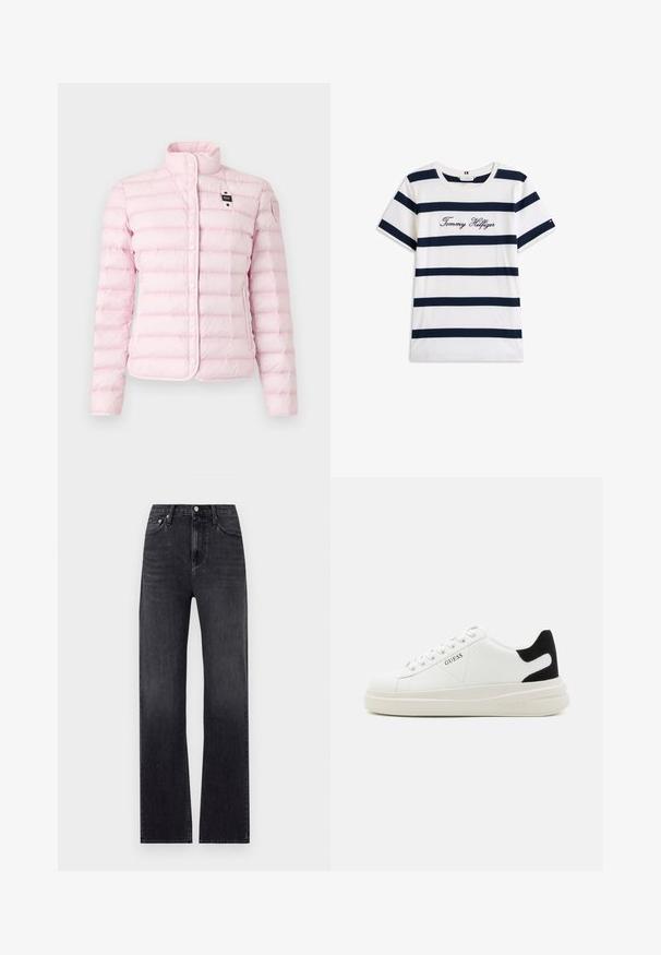 Lys pink polstret jakke med lodret quiltet mønster, høj krave, trykknapper, sidelommer og logo-patch på ærmet.; T-shirt i bomuld med vandrette marineblå striber på en hvid baggrund. "Tommy Hilfiger" broderet i kursiv på brystet. Rund hals.; Sorte lige jeans lavet af denim, med høj talje, fem lommer og en lynlås i front med knaplukning. Let slidte vaske.; Hvide lædersneakers med en tyk hvid sål, sort ruskindhælvægt og prægede logoer på siden. Snørebåndsdesign med seks øjer.