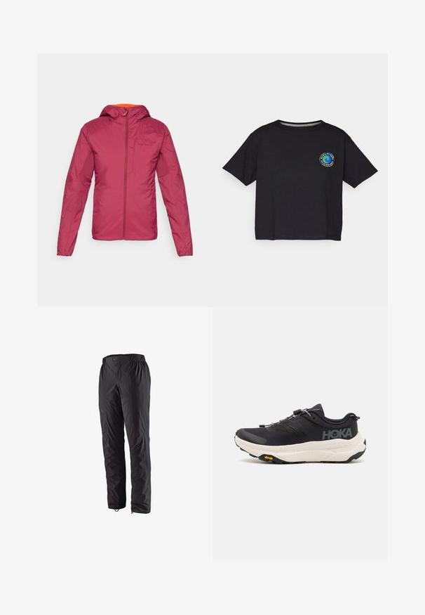 Maroon lightweight jacket with a hood, constructed from smooth fabric, featuring a front zipper and orange accents around the neckline.; Black cotton short-sleeve T-shirt featuring a circular multicolored logo on the chest. Straight hem and relaxed fit.; Black waterproof pants with an elastic waistband, side zip pockets, tapered legs, and smooth texture. Suitable for outdoor activities.; Black athletic shoes with a breathable mesh upper, rubber outsole, white cushioning midsole, and reflective laces. Vibram logo on outsole.