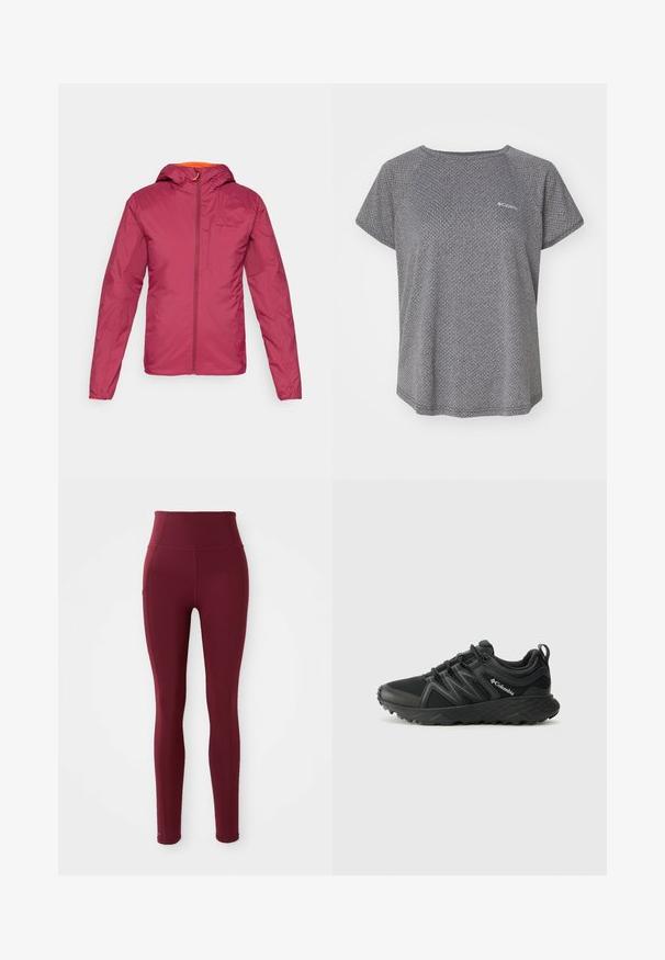 Maroon lightweight jacket with a hood, constructed from smooth fabric, featuring a front zipper and orange accents around the neckline.; Gray short-sleeve shirt featuring a subtle textured pattern, round neckline, and Columbia logo on the chest. Soft fabric, relaxed fit.; Burgundy high-waisted leggings made of stretchy fabric, featuring a smooth texture and a side pocket detail.; Columbia PEAKFREAK - Hiking shoes - black