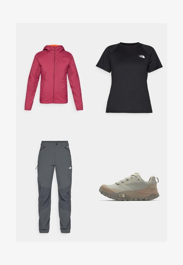 Maroon lightweight jacket with a hood, constructed from smooth fabric, featuring a front zipper and orange accents around the neckline.; Black short-sleeve athletic t-shirt with crew neck and The North Face logo on the upper left chest.; Dark gray outdoor pants with reinforced knee patches, zippered side and front pockets, button closure, and The North Face logo on thigh.; Light gray athletic shoe with beige accents, made from synthetic material. Features a rugged sole, lace-up design, and branding on the side.