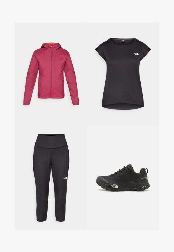 Mørkerød letvægtsjakke med hætte, lavet af glat stof, med en frontlynlås og orange detaljer omkring halsudskæringen.; The North Face TANKEN TANK - Sports T-shirts - black; Sorte capri leggings lavet af strækbart stof, med en høj talje og et lille hvidt logo på venstre side. Glat tekstur.; Sort vandresko med en tekstureret overdel, snørebåndslukning og en kraftig gummisål med et fremtrædende logo på siden og mønstrede slidbaner.