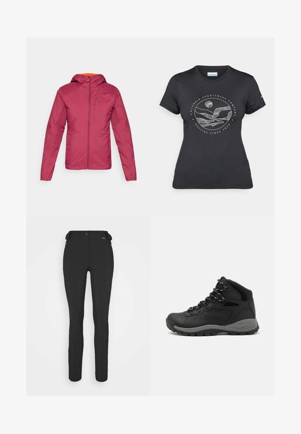 Veste légère bordeaux avec capuche, fabriquée en tissu lisse, dotée d'une fermeture éclair à l'avant et d'accents orange autour de l'encolure.; T-shirt noir Columbia avec un dessin linéaire blanc de montagne et de rivière en cercle et le texte "Columbia Sportswear Company À l'extérieur depuis 1938."; Pantalons noirs ajustés en matériau flexible. Les caractéristiques comprennent une poche latérale zippée, des genoux articulés et une texture lisse.; Botte de randonnée noire au design mi-haut, avec un dessus texturé, des accents gris et une semelle en caoutchouc durable avec des crampons de traction.