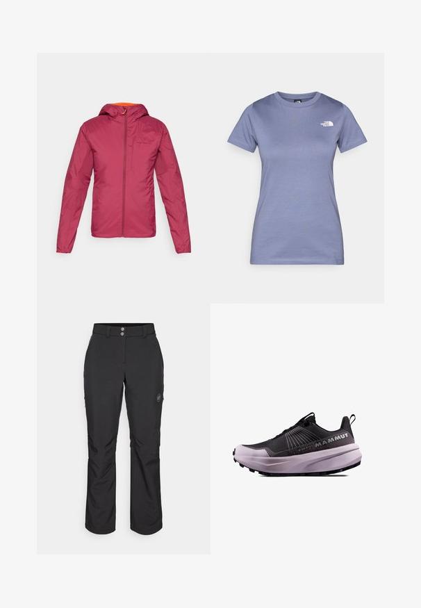 Giacca leggera color marsala con cappuccio, realizzata in tessuto liscio, dotata di zip frontale e dettagli arancioni intorno al colletto.; T-shirt a maniche corte di colore viola chiaro, realizzato in cotone, con scollatura rotonda e un piccolo logo bianco sul petto. Texture liscia.; Pantaloni outdoor neri con taglio dritto, dotati di chiusura con bottone, tasche laterali con zip e una patch con logo sulla coscia sinistra.; Scarpa da trail running nera e viola con tomaia texturizzata, suola ammortizzata e logo prominente. Presenta un design con lacci e battistrada resistente.